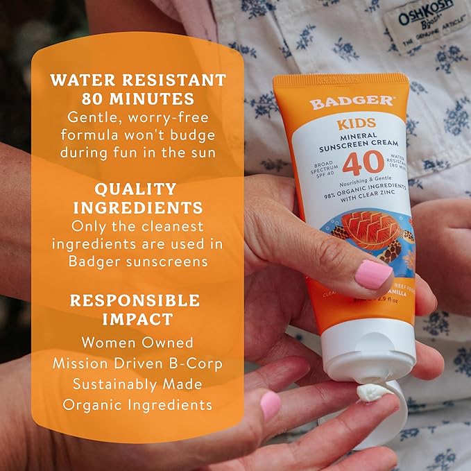 Badger Kids Mineral Sunscreen Cream SPF 40, 98% Organic Ingredients, Zinc Oxide Sunscreen for Kids Face & Body, Water Resistant, Reef Friendly, Hawaii Approved Sunblock, 2.9 fl oz, 2-Pack