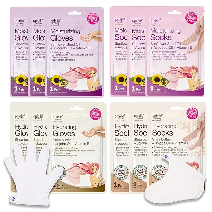 Epielle Hydrating & Moisturizing Hand & Foot Masks, Relieve and Soften Dry, Rough Skin, Self Care Gifts for Women, Spa Kit, Mothers Day Gifts, 6 Moisturizing Gloves & 6 Moisturizing Socks