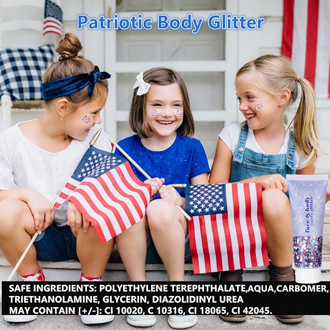 Go Ho Red White and Blue Body Glitter,4th of July Outfits for Women&Kids,Patriotic USA Flag Face Hair Glitter for Memorial Independence Day,Holographic Chunky Glitters Sequins,4th of July Accessories