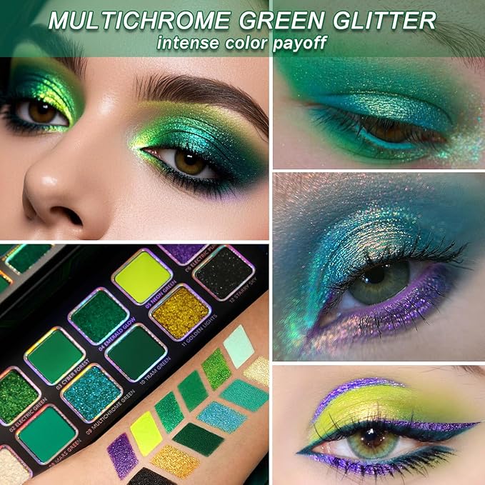 Afflano Multichrome Green Eyeshadow Palette, Color-Shifting Emerald Green Glitter Eyeshadow Pallet, Yellow Lime Teal Chrome Eye Shadow Palette for Women Blue Brown Eyes Makeup Party Daily Goth Look