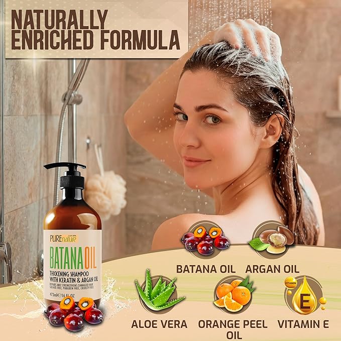 Batana Oil Shampoo - Sulfate Free Thickening Formula - Paraben Free Volumizing Shampoo for Thinning, Fine Hair - Professional Volume Boosting Salon Care for Women and Men with Thin Hair - 16 Fl Oz