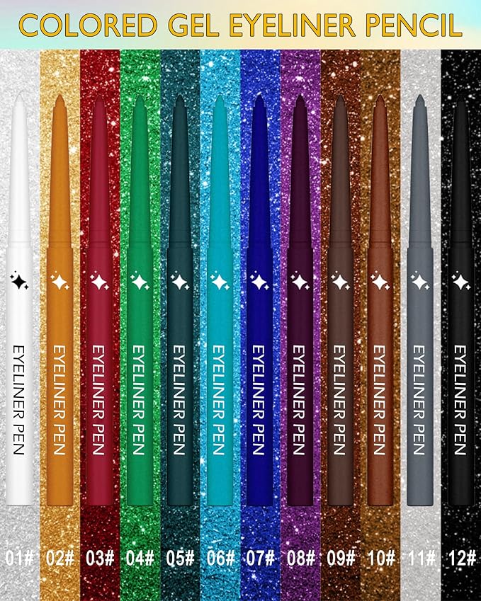 Glitter Silver Eyeliner Pencil, Glitter Gel Eyeliner Pencils, Waterproof Smudge Proof Long-Lasting Metallic Waterline Eye Liner, Precision Retractable Shine Pen for Mature Women Girls Eye Makeup- #11