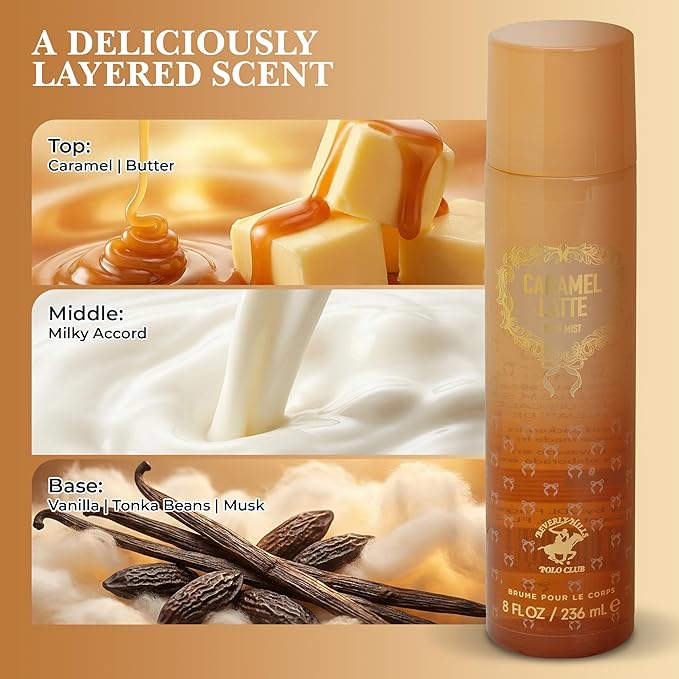 Beverly Hills Polo Club Caramel Latte Body Mist for Women - Indulgent Gourmand Fragrance Spray - Long-Lasting Sweet Scent - 236ml (8 fl oz)
