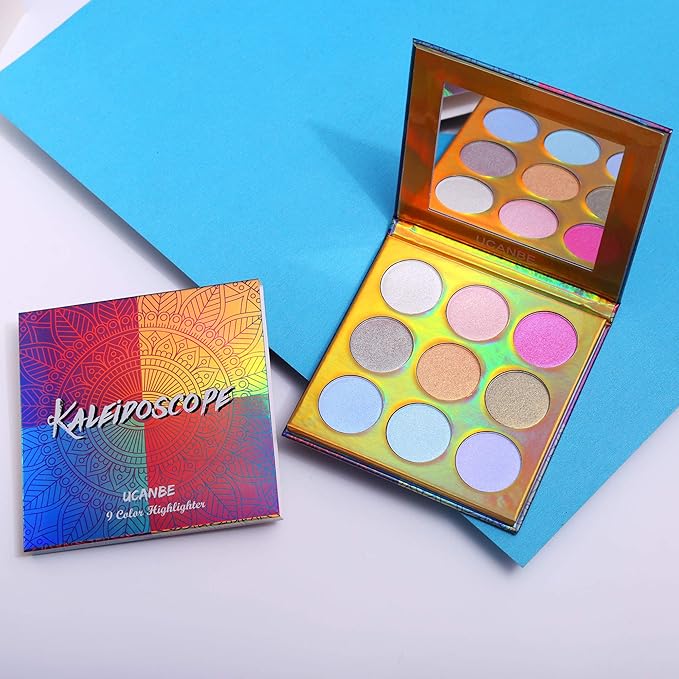 UCANBE Kaleidoscope Holographic Highlighter Makeup Palette Kit, 9 Color Polarized Shimmer Illuminating Glow Highlighting Bronzers Powder Set, Laser Outer Packaging with Mirror Cosmetics
