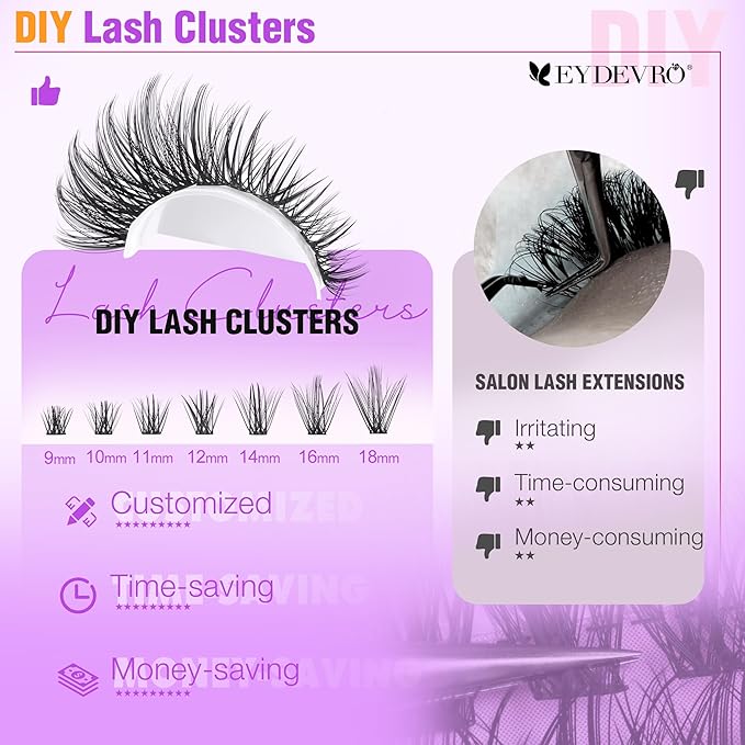 EYDEVRO Wispy Lash Clusters Natural Eyelash Clusters 9-18mm CD Curl Cluster Eyelash Extensions DIY Lash Extensions Individual Lashes 160 Pcs Cluster Lashes