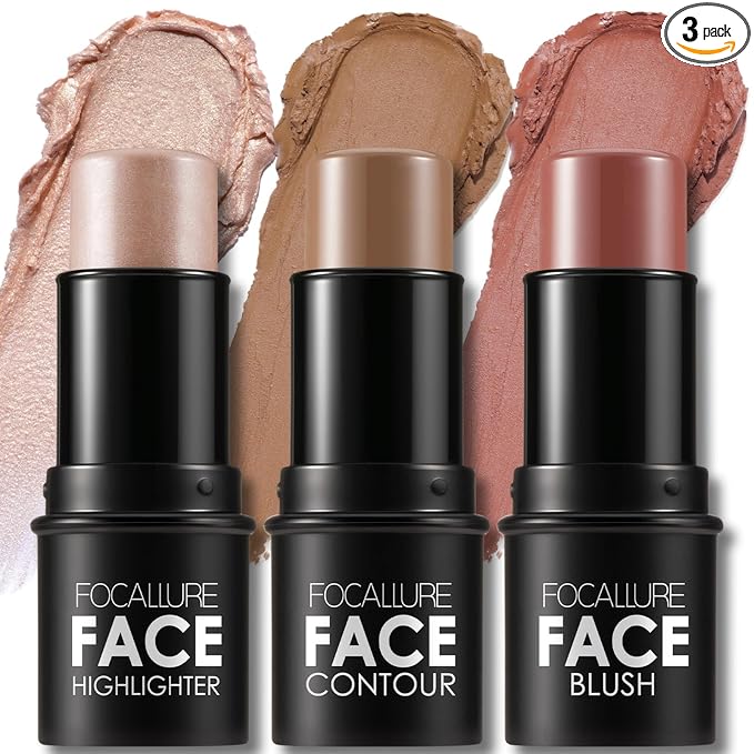 FOCALLURE 3 Pcs Cream Contour Sticks,Shades with Highlighter & Bronzer & Blush,Non-greasy Long-wear Face Contouring Pen,Easy to Sculpt the Face and Create a Lightweight Finishing Makeup,MEDIUM