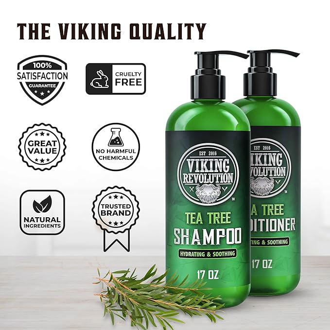 Viking Revolution Tea Tree Shampoo and Conditioner Set - Hydrates, Moisturizes & Soothes Dry and Itchy Scalps - With Natural Tea Tree Oil - 17 oz (Pack of 2)