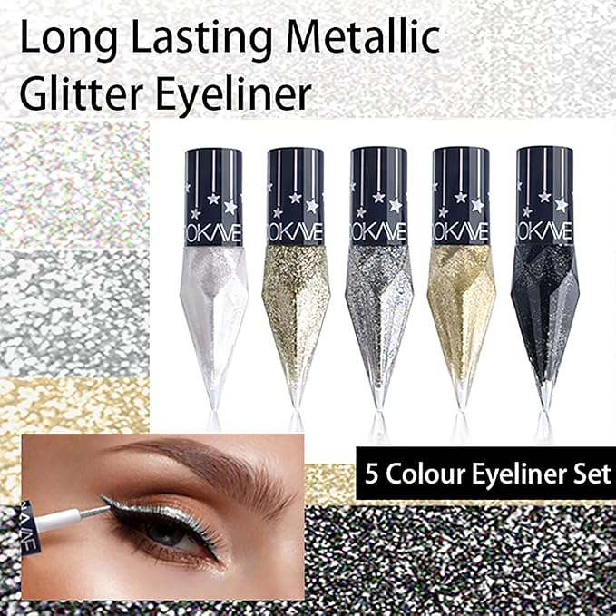 Glitter Eye Liner Liquid, 5 Colors Sparkling Diamond Metallic Eyeliner - Gold, Black, Silver, White - Waterproof Lasting Shimmer & Eyeshadow Fluid, Dazzling Eye Makeup for Women