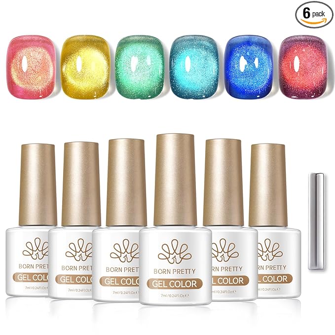 Born Pretty Cat Magnetic Eye Gel Nail Polish 6 Colors Neon Shimmer Blue Green Pink Holographic Magnetic Gel Polish,Spring Summer Aurora Rainbow Glitter, Soak Off UV LED Gels for Manicure DIY at Home