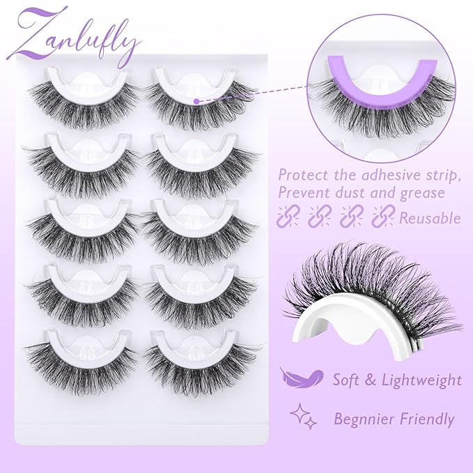 Self Adhesive Eyelashes Reusable Self Adhesive Lashes Natural Pre-glued Lashes No Glue Lashes Strip Lashes Cat Eye Lashes D-Curly False Lashes Wispy Faux Mink Eyelashes by zanlufly