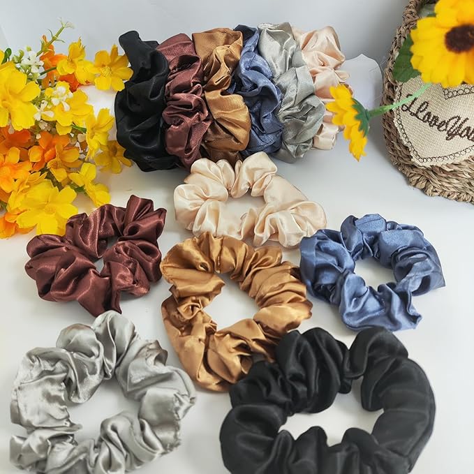 12PCS Satin Scrunchies Pack for Women and Girls, Soft Silk Hair Ties for Sleeping, No-Damage Satin Ponytail Holders for Thick or Curly Hair