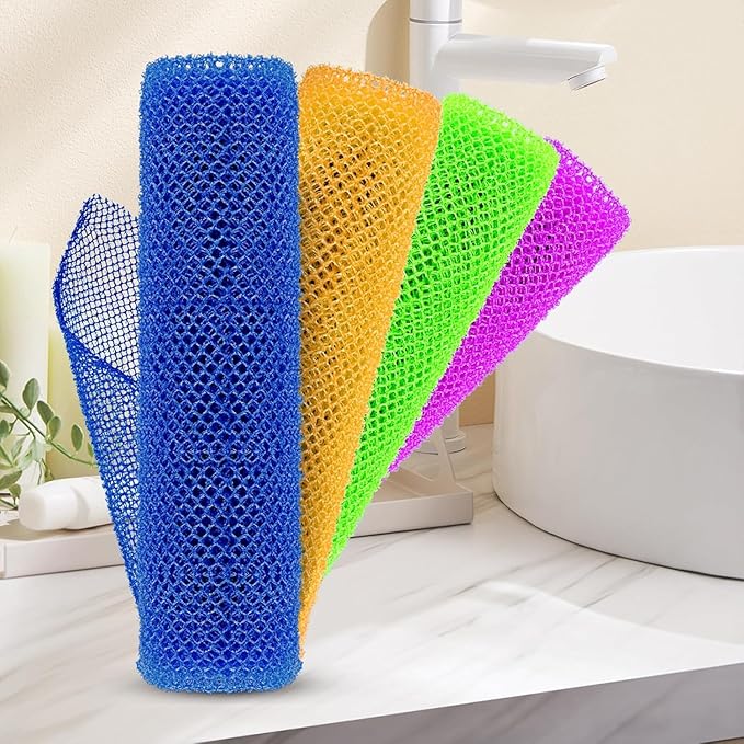 African Net Sponge for Deep Exfoliation – 4 Pieces African Net Sponge Authentic, Exfoliating Washcloth, Long-Lasting African Exfoliating Net for Smooth Skin & Cleansing (Purple, Green, Orange, Blue)