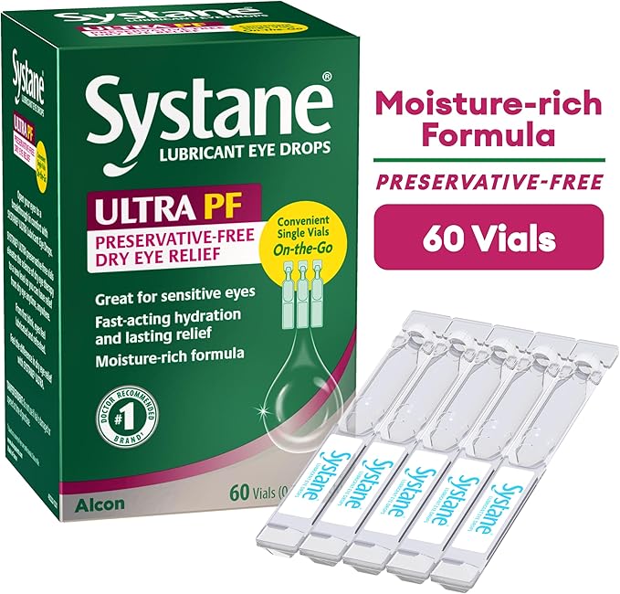 Systane Ultra Preservative Free Lubricant Eye Drops, 60 Count, Fast-Acting Dry Eye Relief from Irritation & Dryness, Hydrating Eye Drops for Extended Protection, Single-Use Vials (Pack of 2)