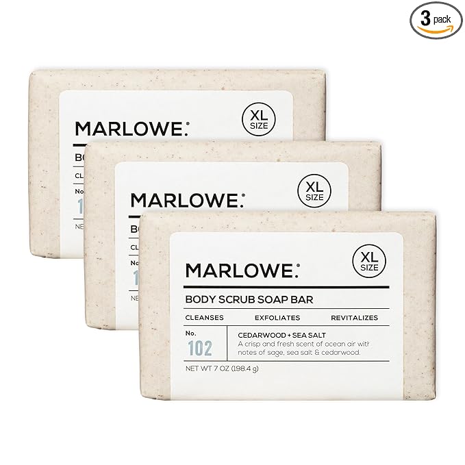 MARLOWE. No. 102 Body Scrub Soap 7 oz (3 Bars), Cedarwood & Sea Salt, Exfoliating Soap Bar with Shea Butter, Olive Oil & Green Tea Extracts, Cleanses, Smooths & Revitalizes Skin, Fresh & Zesty Scent