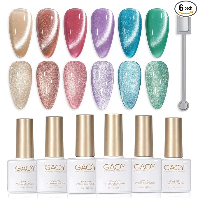 GAOY Glitter Galaxy Cat Eye Gel Nail Polish Set with Magnet for Holographic Cat Eye, Salon Gel Manicure and Nail Art DIY at Home, Gift for Women