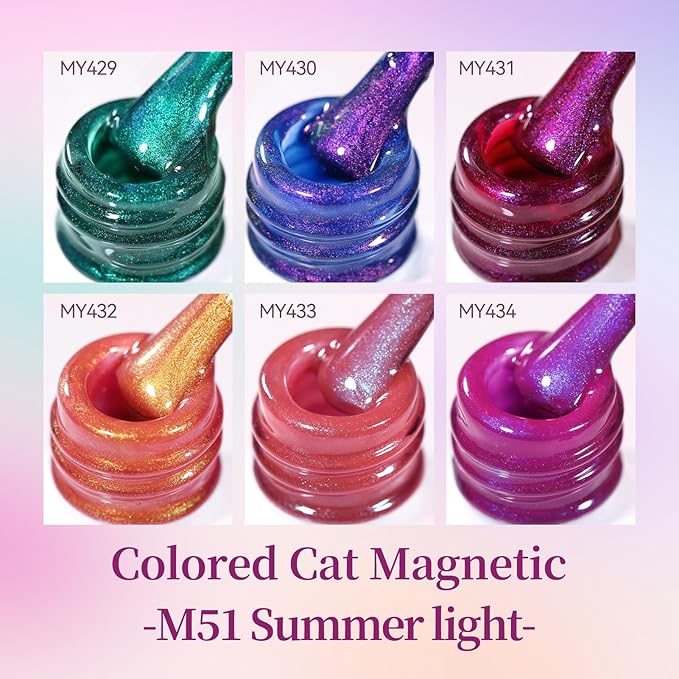 Born Pretty Spring Summer Cat Magnetic Eye Gel Nail Polish Set,Pink Blue Crystal Glass Magnetic Shimmer Glitter Gel Polish Nail Polish Manicure Salon DIY at Home 6Pcs 7ML