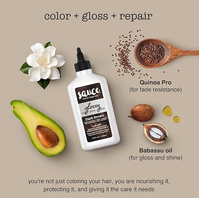 Sauce Beauty Glossy Color + Gloss + Repair, Dark Brown, Semi Permanent Hair Dye with Bond-Building and Color-Fade Protection Technology, Adds Shine & Deep Moisture, Lasts 4-8 Weeks, Stops Fade