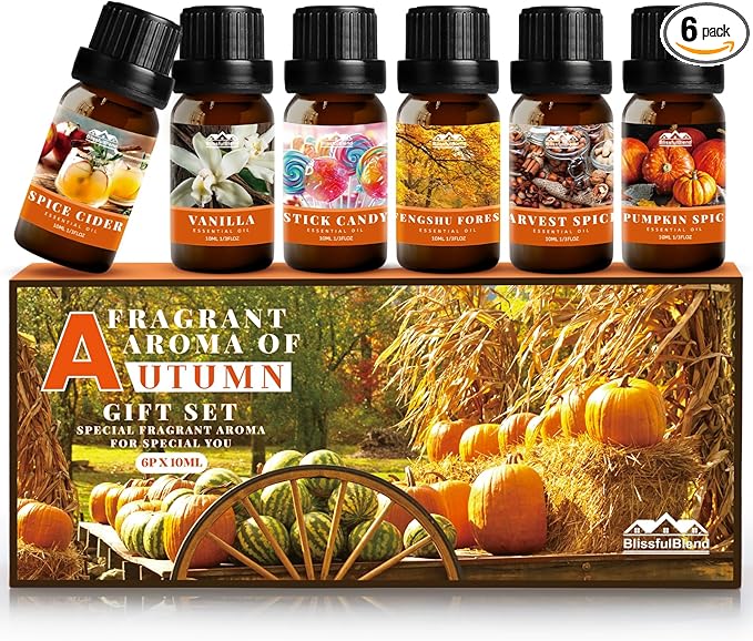 Autumn Essential Oils for Diffuser for Home, Aromatherapy Oils Diffusers Scents for Humidifier, Soap & Candle Making, Pumpkin Spice, Harvest Spices and Vanilla Fragrance Oils Set for Gifts(6×10ml)