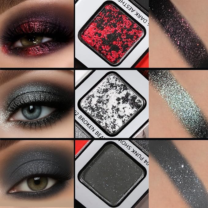 Afflano Goth Makeup Gray Black Eyeshadow Palette, Grunge Smokey Eye Eyeshadow Palette Highly Pigmented, Blendable Chrome Glitter Silver White Grey Dark Red Eye Shadow Palette, Emo SFX Halloween Makeup