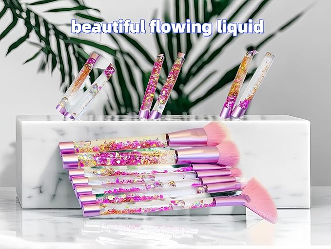 Sparkle Pink Makeup Brushes Set,Unicorn Glitter 7pc Foundation Blush Lip Nose Eyeshadow Eyebrow Loose Powder Fan Make Up Brushes Kit with Liquid for Kids Girls Teen Women Gift Present