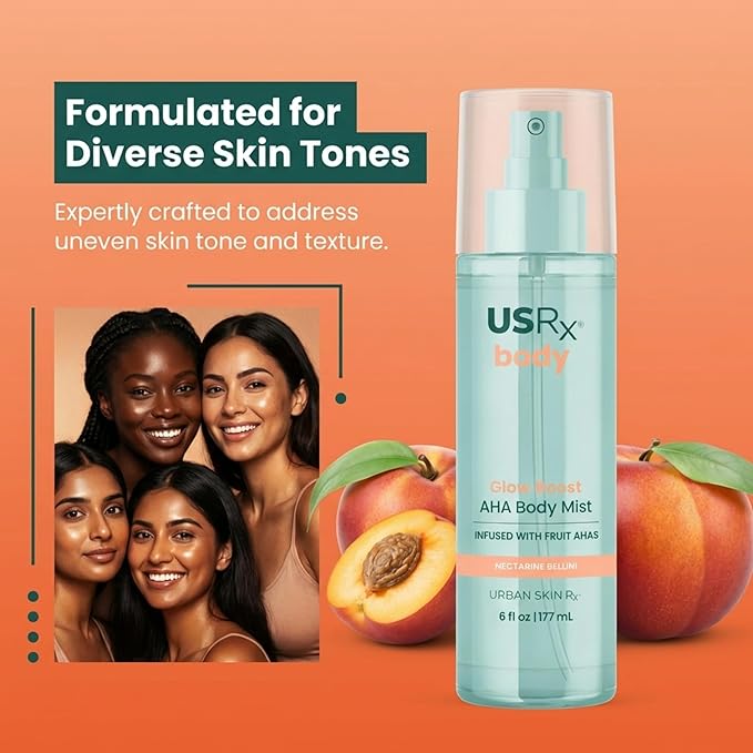 Urban Skin Rx Glow Boost AHA Body Mist, Helps Smooth, Gently Exfoliate, and Boost Radiance, Mood-Boosting Scent, Hydrate, Soothe, and Refresh, Non-Greasy, Fast-Absorbing, Nectarine Bellini, 6 Fl Oz