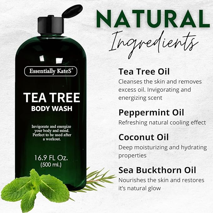 Essentially KateS Tea Tree Body Wash 16.9 fl oz - 100% Natural - Fights Body Odor & Irritation - Helps Athletes Foot, Ringworms, Jock Itch, Acne, & Eczema