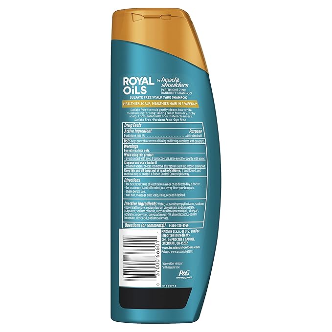 Head & Shoulders Anti-Dandruff Shampoo, Royal Oils Moisturizing Shampoo, 1% Pyrithione Zinc, Curly & Coily Hair, Coconut, Apple Cider Vinegar, Sulfate-Free, 12.8 fl oz