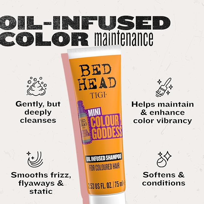 Bed Head by TIGI Colour Godess Shampoo Travel Mini – Oil Infused Shampoo for Color Treated Hair, 2.53 fl oz (Pack of 2)