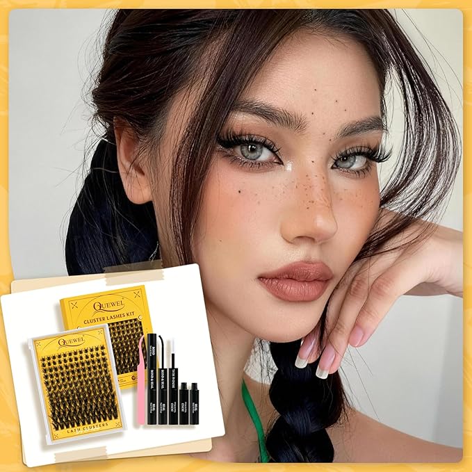 QUEWEL Lash Clusters Kit, 144PCS Natural Lash Custers with Lash Bond and Seal, C Curl Wispy Cluster Lashes Natural Look with Thin Band Easy to use for Beginners (DJ-FD-F)