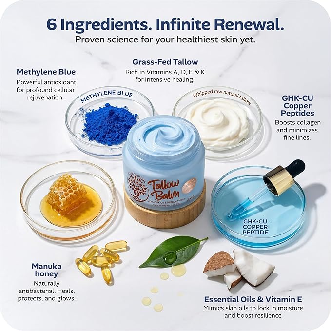 Copper Peptide GHk-Cu & Methylene Blue Infused Whipped Grass Fed Tallow Balm, Fine lines, Wrinkles, Eczema, Acne, Full body Moisturizer, For All Skin (1.7 oz)