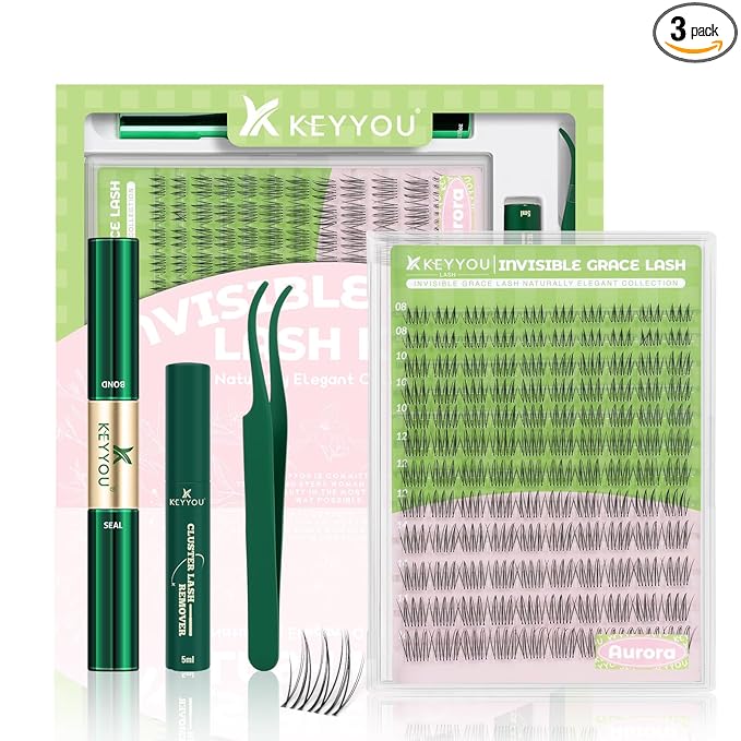 KEYYOU Aurora Lash Clusters Kit Fairy Lash Extension Kit C Curl 120Pcs Eyelash Extension Kit Wispy Natural Invisible Band Lash Kit with Waterproof DIY Lash Extension Kit at Home(Aurora-C-8-16MIX)