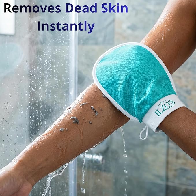 ILZO’S Original Exfoliating Mitt for Body (2 Pack) – Deep Exfoliating Glove for Dead Skin Removal, Korean Viscose Body Scrub Mitt for Smooth Skin, Helps Ingrown Hair & Keratosis Pilaris (GREEN)