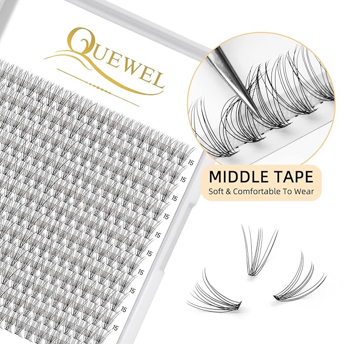QUEWEL Cluster Lashes 240Pcs Individual Lashes 10D 0.10C Curl 15mm Knot-Free Lash Extensions Clusters Lash Soft&Natural False Eyelashes Individual DIY Eyelash Extension at Home(10D 0.10C 15)