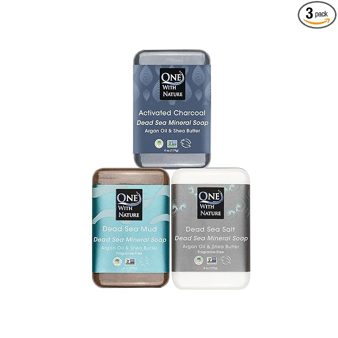 One With Nature Dead Sea Soap 4oz Variety 3Pk-Dead Sea Mud, Activated Charcoal, and Dead Sea Salt-Detoxifying and Exfoliating Soap Bars with Dead Sea Salt for Face & Body, for Men & Women