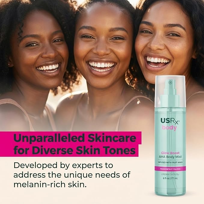 Urban Skin Rx Glow Boost AHA Body Mist, Helps Smooth, Gently Exfoliate, and Boost Radiance, Mood-Boosting Scent, Hydrate, Soothe, and Refresh, Non-Greasy, Fast-Absorbing, Passionfruit Paloma, 6 Fl Oz