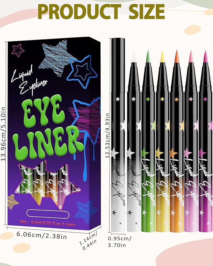 6Pcs Colored Liquid Eyeliner Pen Set Pack, Waterproof Waterline Matte Eye Liner Pencil, White Green Yellow Orange Light Pink, High Pigmented Longwear Quick Drying Colorful Eyeliner Pen for Women-Set A