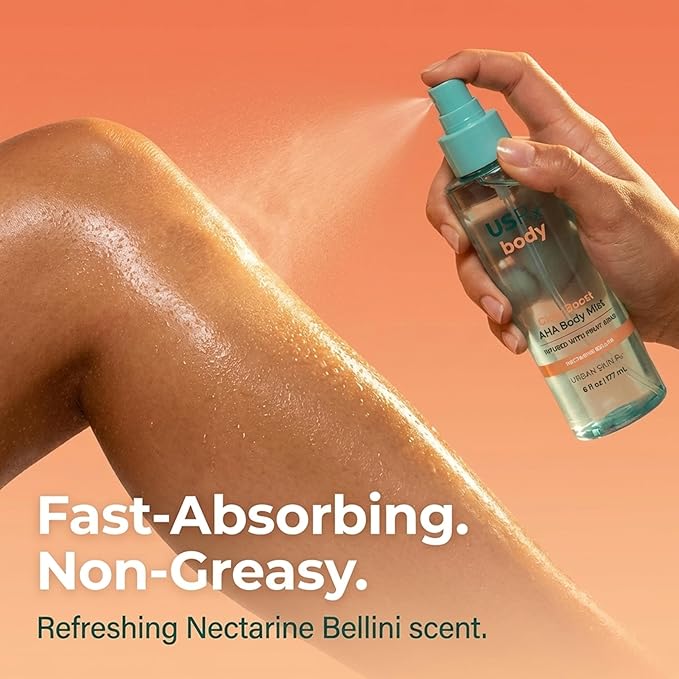 Urban Skin Rx Glow Boost AHA Body Mist, Helps Smooth, Gently Exfoliate, and Boost Radiance, Mood-Boosting Scent, Hydrate, Soothe, and Refresh, Non-Greasy, Fast-Absorbing, Nectarine Bellini, 6 Fl Oz