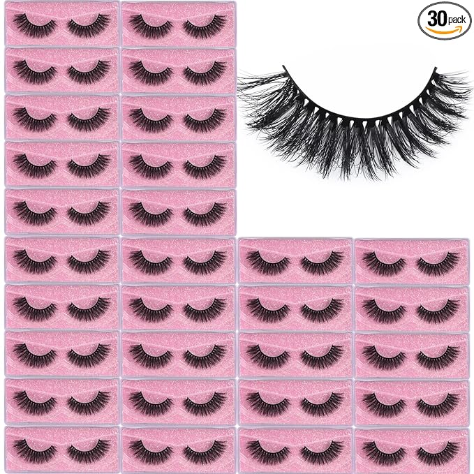 APCYUST Lashes Mink Bulk 30 Pair Wholesale Lashes 5D Fluffy Eyelashes Wholesale Faux Mink Eyelashes Natural Medium Length Fake Lash with Portable Pack (Flare V 30 Pairs)