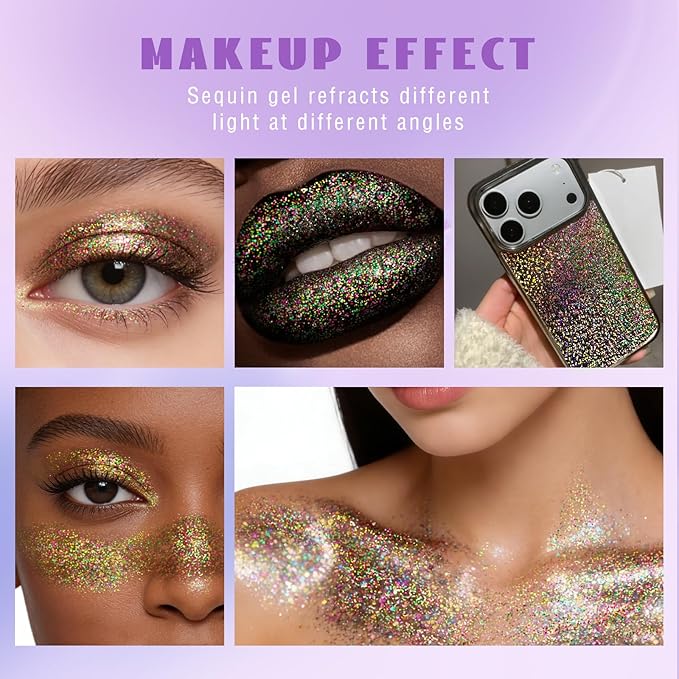HOSAILY Roll-on Gold Green Purple Body Glitter Gel for Face Hair, Mardi Gras Face Paint Glitter Mermaid Makeup, Sparkling Chunky Sequins Festival Carnival St Patricks Day Party Rave Accessories