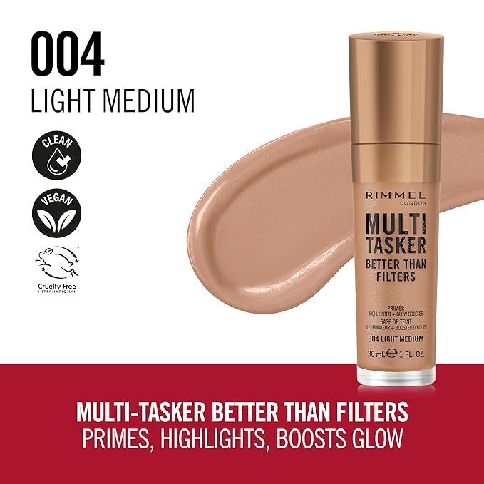 Rimmel Multi-Tasker Better Than Filters, 004 Light Medium, Face Primer, Glow Booster and Highlighter, Vegan Formula, Anti-Ageing Benefits, Light-Reflecting Pigments, Giant Soft-Touch Wand, 1oz