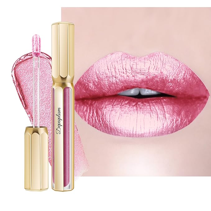Depuplum Pink Lipsticks for Women Metallic Lipstick Long Lasting Shimmer Lip Gloss Metal Shine Glitter Waterproof Lipsticks Full Coverage Lip Color for Mother's Day,DP108 Mermaid