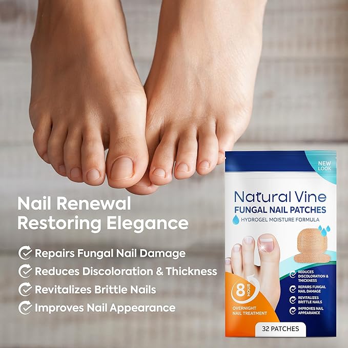 Natural Vine Fungal Nail Patches: Hydrogel Moisture Formula for Toenail and Fingernails - 8-Hour Nighttime Renewal with 1% Tolnaftate - Toenail Fungus Treatment Extra Strength 32 Patches