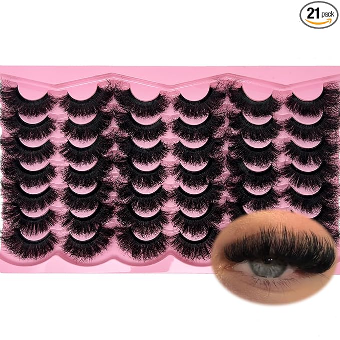 Mink Lashes Fluffy Big Dramatic Cat Eye Strip Lashes Pack D Curl 25mm Long 3D Volume Thick Faux Mink False Eyelashes Bulk 21 Pairs