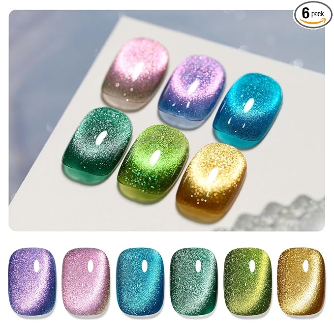 GAOY Glitter Cat Eye Gel Nail Polish Set with Magnet Colorful Galaxy for Holographic Cat Eye, Salon Gel Manicure and Nail Art DIY at Home