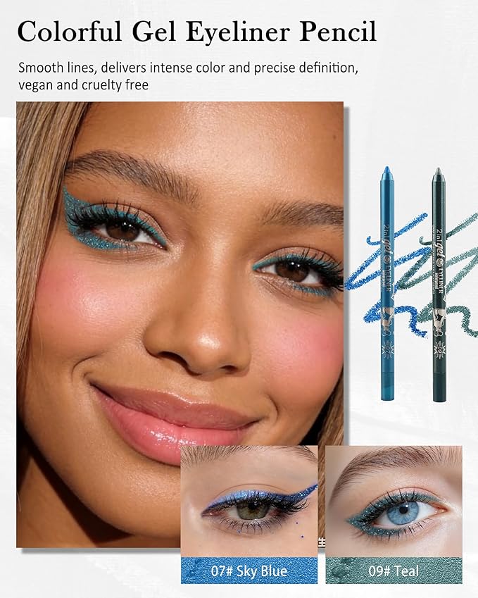 Sky Blue Teal Eyeliner Pencil Gel, Multi-Use Colorful Eyeliner Waterline Waterproof Smudge-Proof Long Stay, High Pigmented Shimmer Cream Eye Liner Pen with Sharpener, Safe for Sensitive Eyes Makeup