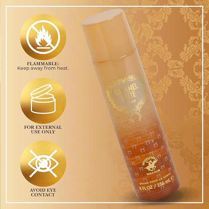 Beverly Hills Polo Club Caramel Latte Body Mist for Women - Indulgent Gourmand Fragrance Spray - Long-Lasting Sweet Scent - 236ml (8 fl oz)