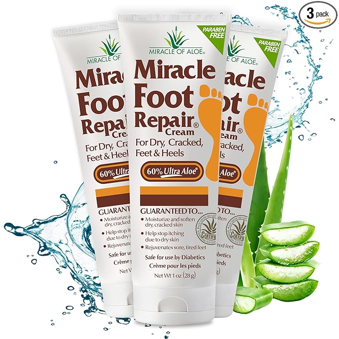 Miracle Foot Repair Cream, (1 oz / 3 Pack) Repairs Dry Cracked Heels and Feet, 60% Pure UltraAloe Moisturizes, Softens, and Repairs