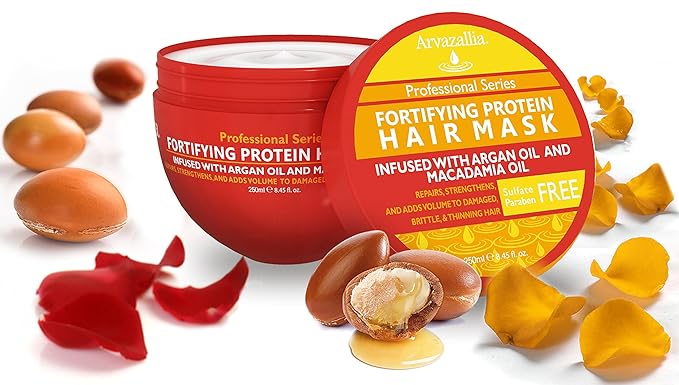 Arvazallia Fortifying Protein Hair Mask and Deep Conditioner with Argan Oil and Macadamia Oil Hair Repair Treatment for Damaged, Brittle, or Thinning Hair - Promotes Natural Hair Growth (Pack of 2)