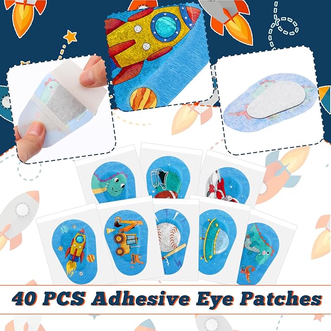 Panitay 40 Pcs Kids Eye Patches for Boys Toddlers Adhesive Patches Bulk with Lazy Eye Breathable Fabric Pad Light Blocking Cute Designs Cotton Adhesive Bandages for Boys Children