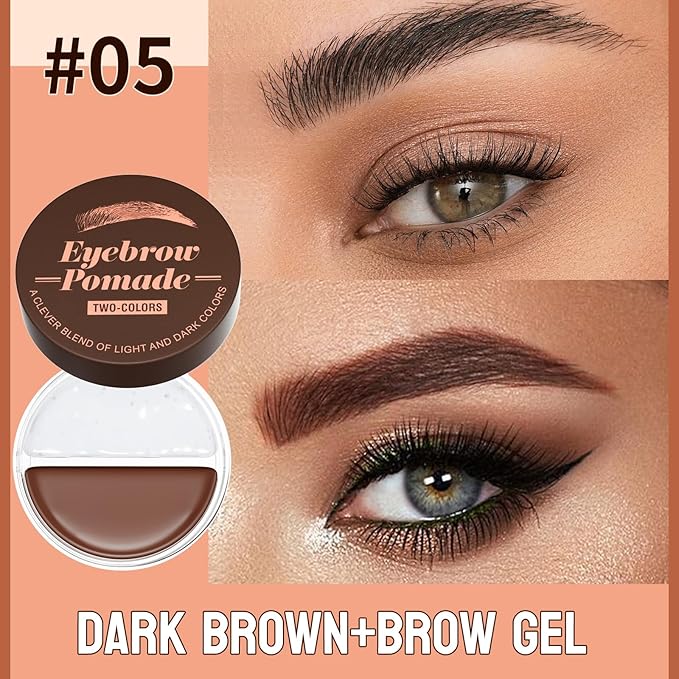 Dual Color Eyebrow Pomade for Women 2-in-1 Waterproof & Sweatproof Brow Gel with Foldable Dual-Ended Brush - Natural Looking, Long Lasting, All-Day Wear for Beginners (Dark Brown+Brow Gel)
